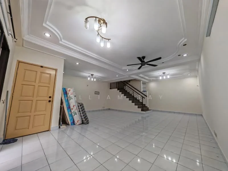 Living features: white painted walls, glossy white tile flooring, tray ceiling with recessed lighting, 5-blade ceiling fan with light, multiple ceiling lights, staircase with wooden railing, large open space, door with decorative paneling; style: modern.