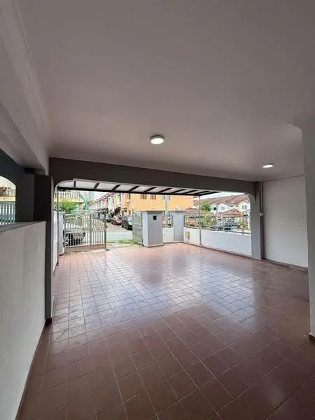 Exterior type: car porch; features: covered car porch, tiled flooring, white painted walls, metal roof, LED ceiling lights, open access to street, gate access, surrounded by residential area; style: modern.