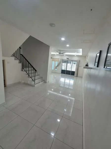 Room features: white painted walls, glossy marble tile flooring, recessed downlights, ceiling fan, staircase with black metal railing, large windows with blinds, open layout, neutral color scheme; style: modern.