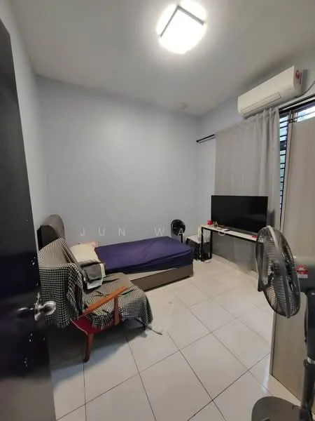 Bedroom features: light grey painted walls, white ceiling, tile flooring, queen-size bed with dark bedding, wall-mounted TV, wooden bedside table, black curtains, 1 wall-mounted split AC, 2 ceiling fans, chair with checkered fabric, floor fan; style: modern.
