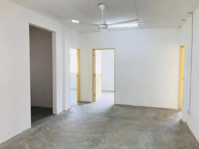 Room features: white painted walls, concrete flooring, ceiling fan, two doorways, natural light from windows, plain ceiling, no visible furniture; style: minimalist.