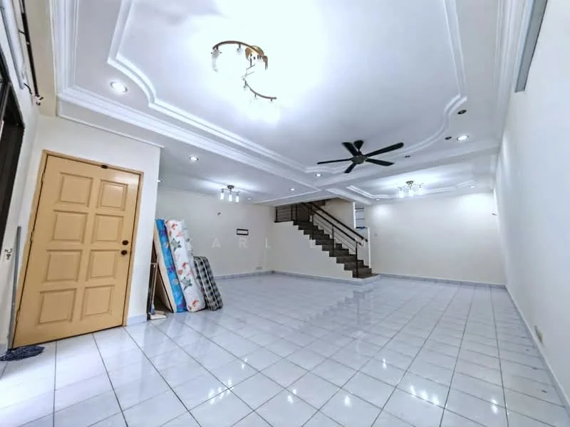 Living features: white painted walls, glossy white tile flooring, tray ceiling with recessed downlights, 5-blade ceiling fan, two wall-mounted light fixtures, staircase with wooden railing, large open space, door with wooden finish; style: modern.