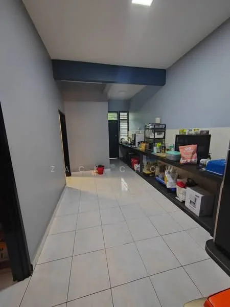 Kitchen features: grey painted walls, white tiled flooring, ceiling lights, kitchen cabinets, countertop, sink, microwave, refrigerator, open shelving, storage containers, kettle, broom, dustpan; style: modern.