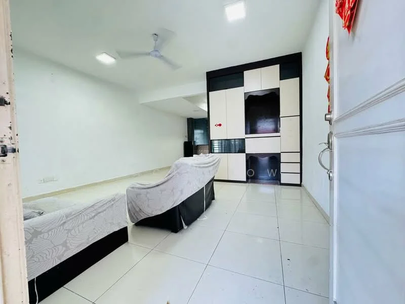 Living features: white painted walls, tile flooring, ceiling fan, built-in cabinetry with black and cream finish, large window, neutral color scheme, minimalist decor, open layout; style: modern.