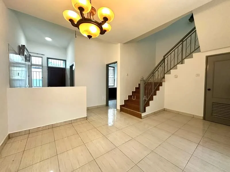 Living features: glossy beige tile flooring, white painted walls, chandelier with multiple bulbs, staircase with metal railing, large windows for natural light, open layout to adjacent room, doorway leading to other rooms, ceiling with recessed lighting; style: modern.