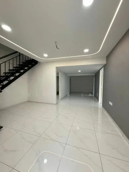Living features: white painted walls, grey accent wall, marble tile flooring, recessed LED downlights, ceiling with cove lighting, staircase with black railing, open layout, large space; style: modern.