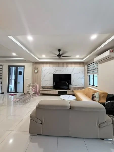 Living features: cream leather sectional sofa, 3-seater fabric sofa in black, white coffee table, wall-mounted TV, TV console, recessed ceiling lights, 5-blade ceiling fan, white tiled flooring, decorative wall paneling, air conditioning unit, large windows with blinds; style: modern.