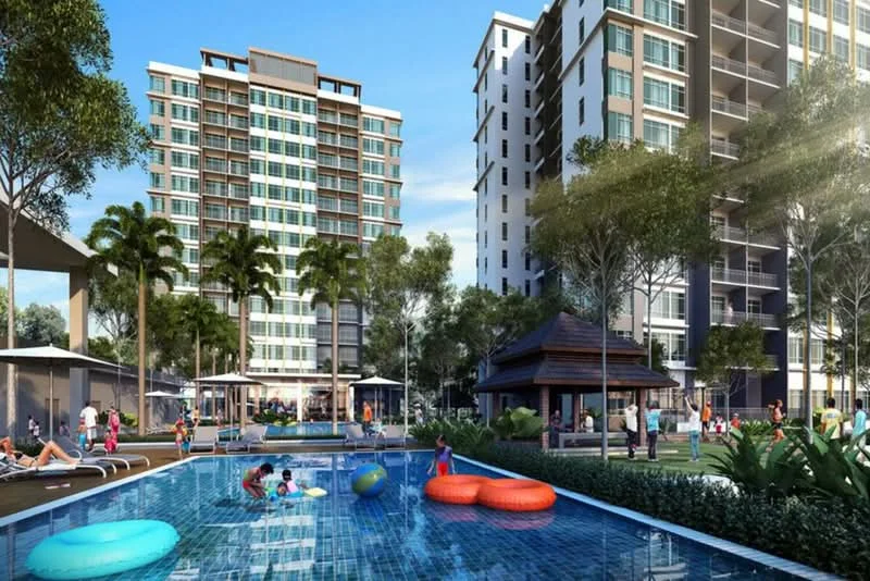 Exterior type: high-rise condominium; features: infinity pool with poolside loungers, landscaped garden with palm trees, children's playground, outdoor dining pavilion, manicured lawn, multiple high-rise buildings, gazebo, pool deck with loungers; style: modern.