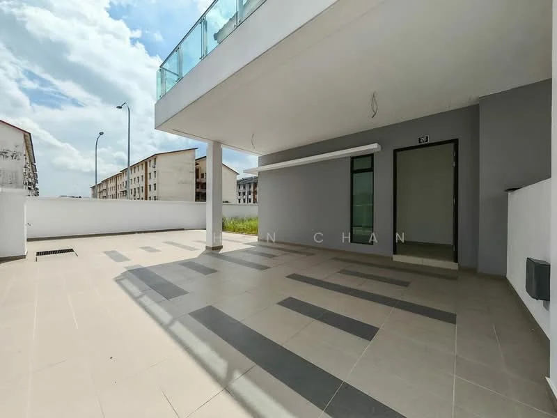 Exterior features: large terrace area, grey tiled flooring, glass railing, white painted walls, single door entrance, overhead lighting, open space, surrounded by buildings, sky visible, concrete wall; style: modern.