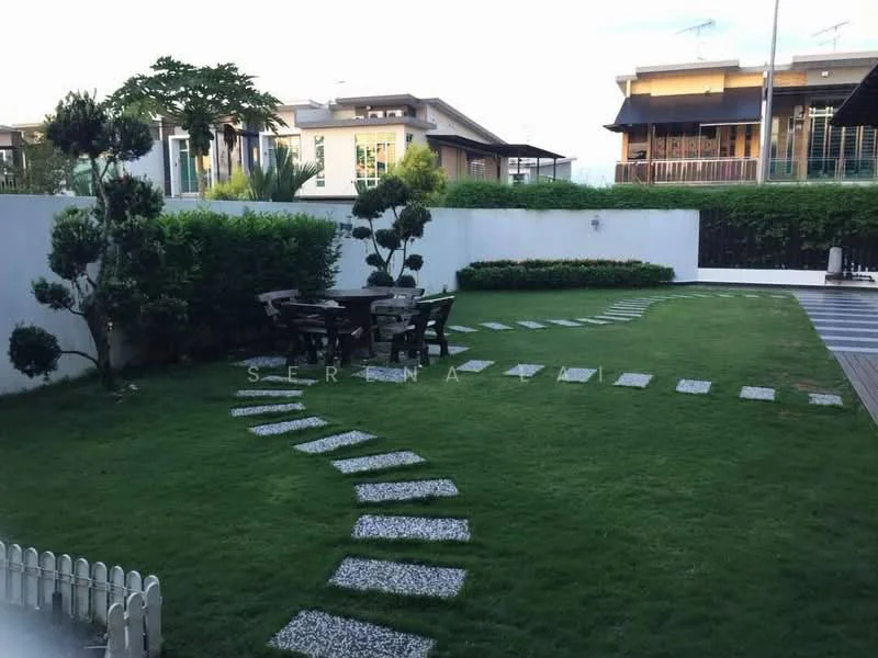 Exterior type: landscape garden; features: manicured lawn, stone pathway, outdoor dining table with chairs, decorative shrubs, hedge border, paved patio area, surrounding greenery; style: modern.