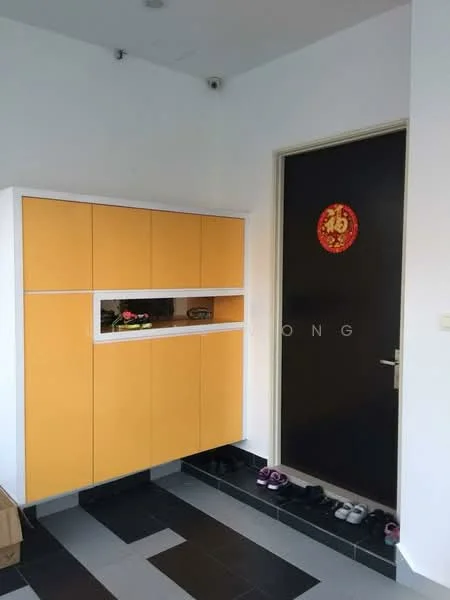 Room features: orange cabinetry with open shelf, dark brown door, black and white tiled flooring, shoe storage area, decorative wall hanging, white walls, ceiling light fixture; style: modern.