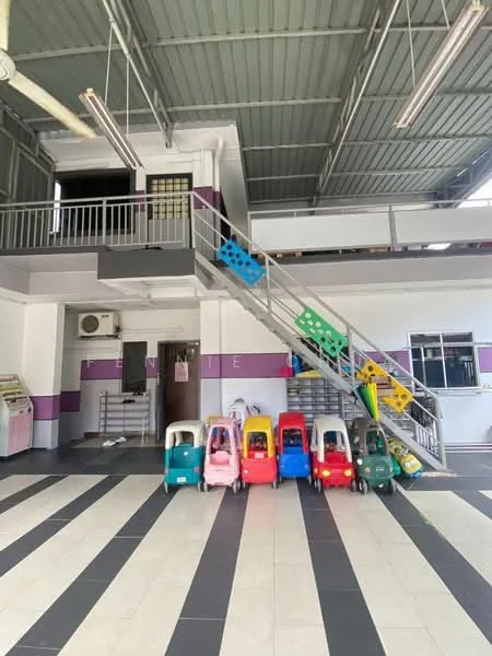 Room features: grey ceiling with exposed beams, strip lighting, wall-mounted split AC, white walls with purple accent, black and white tiled flooring, staircase with colorful steps, play cars in various colors (pink, blue, yellow, green), open layout; style: modern.