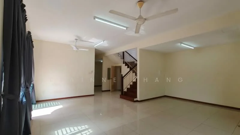 Living features: white painted walls, polished ceramic tile flooring, 2 ceiling fans, large windows with sheer curtains, staircase leading to upper floor, recessed ceiling lights, natural light from windows, open layout; style: modern.