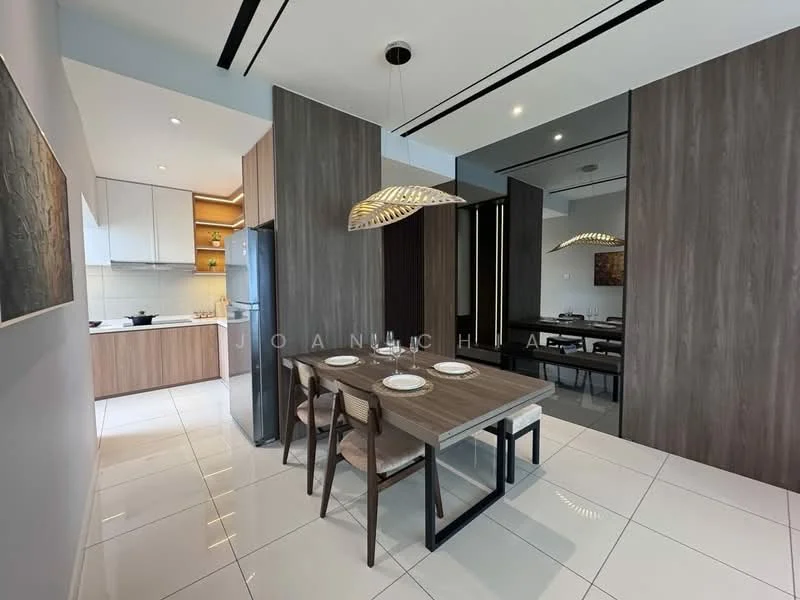 Dining features: dining table with 4 chairs, pendant light fixture, white walls, grey accent wall, tile flooring, decorative artwork on wall, open layout to kitchen, wooden cabinetry, built-in refrigerator, kitchen island with seating; style: modern. Kitchen features: white cabinetry, stainless-steel appliances, built-in oven, induction cooktop, marble countertop, backlit shelving, open shelving, tile backsplash; style: modern.
