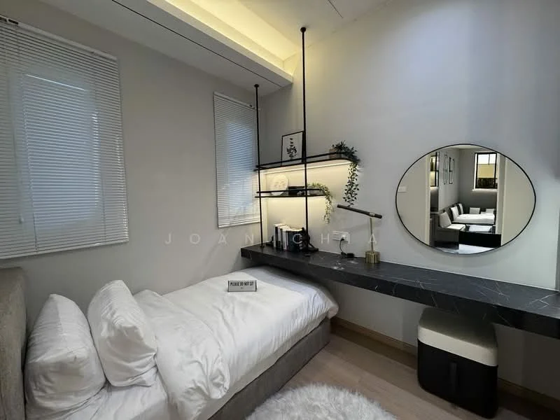 Bedroom features: single bed with white bedding, wall-mounted shelf with decorative items, black marble desk, round mirror, wooden flooring, recessed lighting, sheer window blinds, decorative plant on shelf; style: modern.
