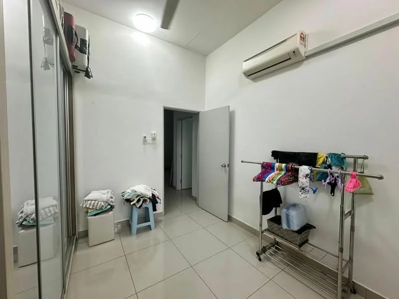 Laundry features: white painted walls, tile flooring, 1 wall-mounted split AC, ceiling light, sliding mirror wardrobe, clothes rack, folded laundry on stool, door leading to another room.