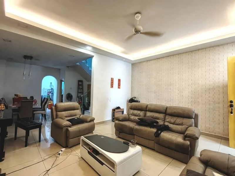 Living features: 3-seater leather sofa in beige, 2-seater leather sofa in beige, ceiling fan, recessed LED downlights, wall-mounted TV, coffee table, tile flooring, decorative wall with textured finish, white painted walls, open layout to dining area, large windows, area rug; style: modern. Room features: staircase leading to upper floor, open space leading to dining area.