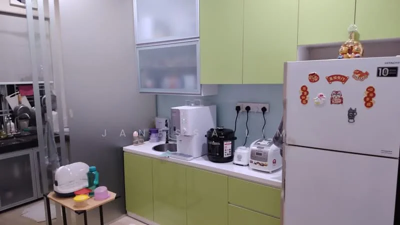 Kitchen features: green cabinetry, white countertop, single-bowl stainless-steel sink, chrome pull-down faucet, built-in microwave, coffee machine, toaster, electric kettle, stainless-steel fridge, countertop with appliances, decorative items on countertop, tile flooring, wall-mounted electrical outlets, open shelving; style: modern.