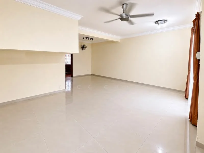 Living features: cream painted walls, glossy ceramic tile flooring, 5-blade ceiling fan with light, recessed downlights, large window with sheer curtains, neutral color scheme, open layout, no visible furniture; style: modern.