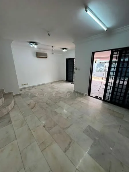 Room features: white painted walls, marble flooring, recessed downlights, 1 wall-mounted split AC, sliding glass door, black security grille door, open layout, natural light from windows; style: modern; view: garden.