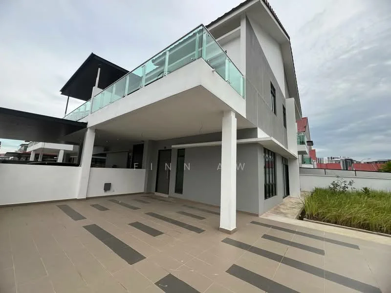 Exterior type: detached bungalow; features: glass balcony railing, flat roof, grey painted facade, white painted facade, stone-paved walkway, manicured lawn, outdoor patio area, large windows, sliding glass door, landscaped garden; style: modern.