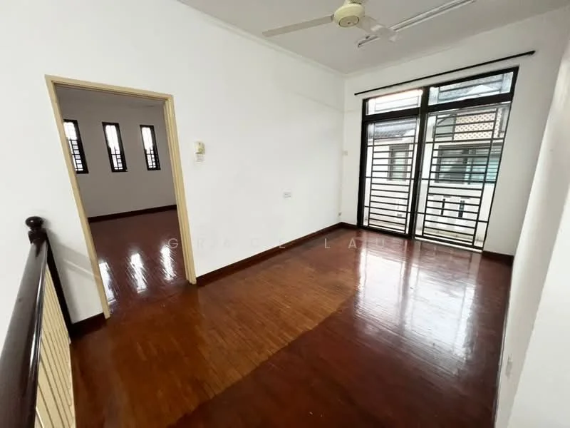 Room features: wooden flooring, white painted walls, ceiling fan, large windows, glass sliding door, natural light, railings, open layout; style: modern; view: garden.