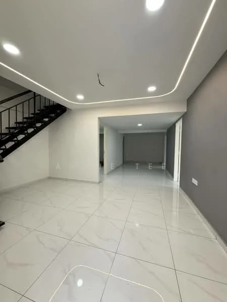 Living features: white painted walls, grey accent wall, polished ceramic tile flooring, recessed LED downlights, staircase with black railing, open layout, large windows, smooth ceiling with cove lighting; style: modern.