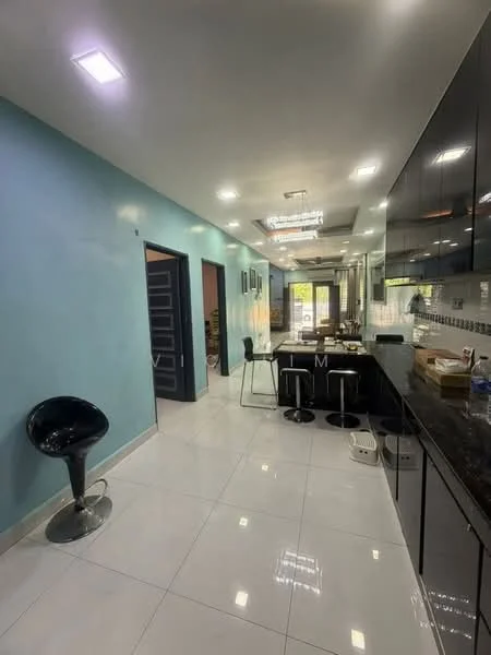 Kitchen features: black glossy cabinetry, white quartz countertop, stainless-steel sink, chrome pull-down faucet, 4-burner gas hob, built-in oven, black bar stools, white tiled backsplash, recessed LED downlights, white porcelain tile flooring, open layout, kitchen island; style: modern. Hallway features: light blue painted walls, white ceiling, recessed lighting, white porcelain tile flooring, doorway leading to living area, doorway leading to bedrooms; style: modern.