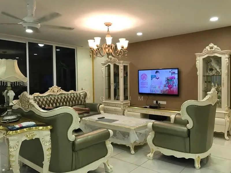 Living features: 3-seater sofa with ornate detailing in cream and green, 2-seater sofa with ornate detailing in cream and green, glass coffee table, TV console with wall-mounted TV, chandelier with multiple bulbs, ceiling fan with light, decorative wall with brown paint, large windows with sheer curtains, ornate display cabinet, decorative lamp with fabric shade, area rug, wall-mounted artwork; style: luxury.