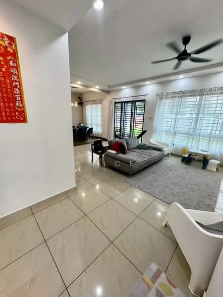 Living features: grey fabric sofa, area rug, ceiling fan, floor-to-ceiling windows, white sheer curtains, marble tile flooring, decorative wall art, light-colored walls, recessed downlights; style: modern; view: garden.