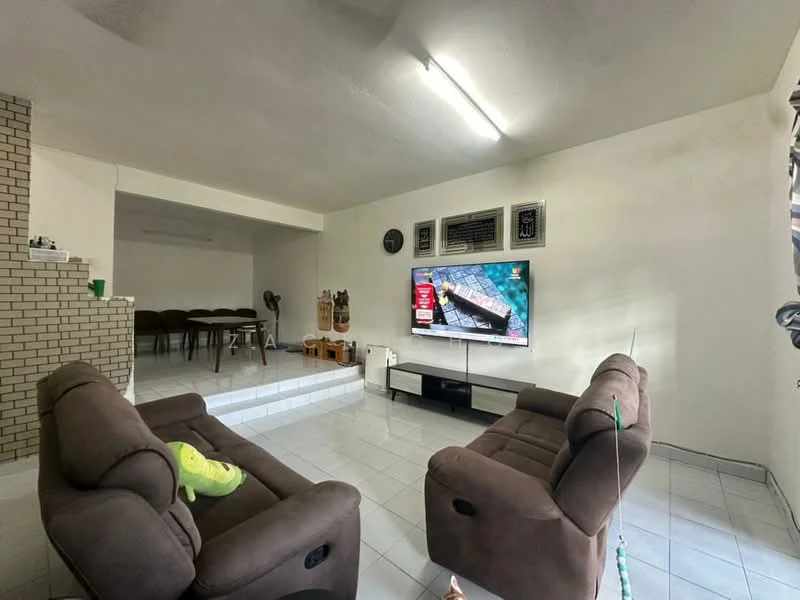 Living features: two brown recliner sofas, white tiled flooring, wall-mounted TV, black TV console, exposed brick wall, ceiling fan, decorative wall art, large window with curtains; style: modern. Dining features: dining table with chairs, open layout to living area.