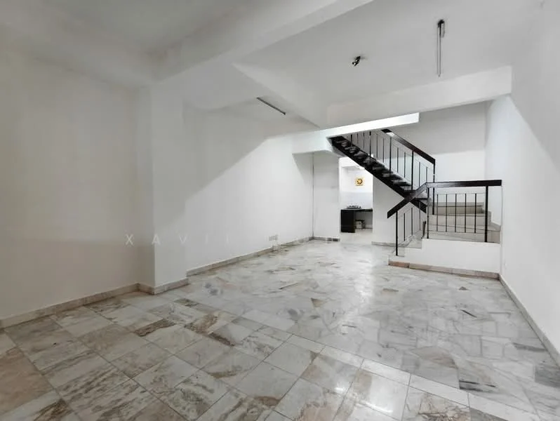 Room features: marble flooring, white painted walls, staircase with metal railing, recessed ceiling lights, open layout, large windows, neutral color palette, high ceiling; style: modern.