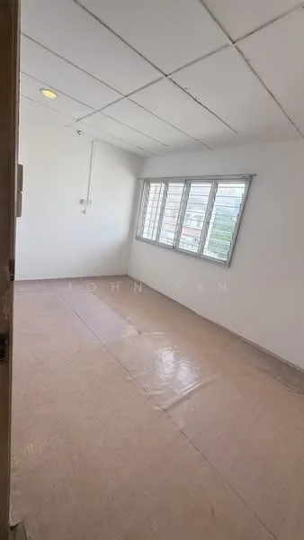 Room features: white painted walls, ceiling lights, sliding windows, vinyl flooring, corner room, natural light from windows, plain ceiling, view of surrounding area.