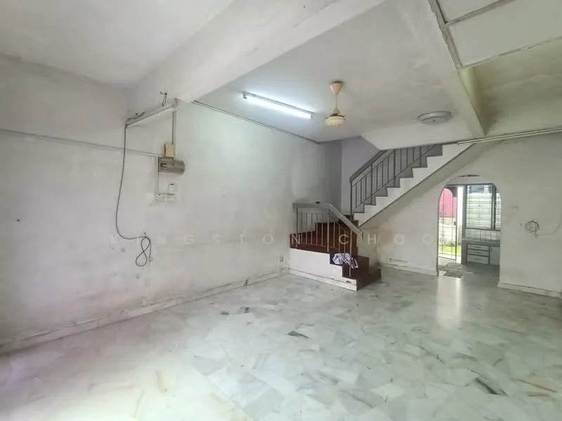 Living features: white painted walls, marble flooring, ceiling fan, staircase with wooden railing, window with natural light, light fixture on ceiling, open layout, access to adjacent room. Room features: white painted walls, marble flooring, light fixture on ceiling, window with natural light.