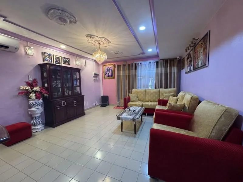 Living features: pink painted walls, white ceiling with decorative plasterwork, recessed LED downlights, chandelier, 3-seater fabric sofa in yellow, 2-seater fabric sofa in red, glass coffee table, wooden display cabinet, floor-to-ceiling windows with sheer curtains, wall-mounted air conditioning unit, decorative wall art, ceramic tile flooring; style: traditional.