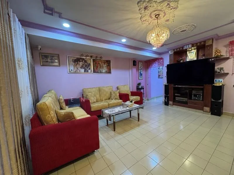 Living features: cream painted walls, pink accent wall, tile flooring, chandelier, sofa set with beige upholstery, red upholstered armchair, coffee table, TV console, wall-mounted TV, decorative wall art, curtains, built-in shelving unit; style: traditional.