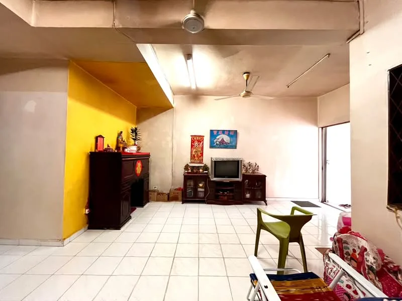 Living features: white painted walls, yellow accent wall, tile flooring, ceiling fan, wall-mounted TV, wooden TV console, wooden cabinet, decorative artwork, sliding glass door, natural light from window, open layout, seating area with chairs.