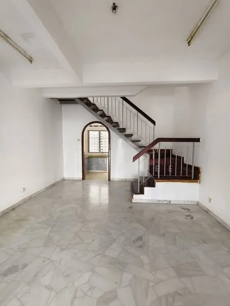 Living features: marble flooring, white painted walls, exposed ceiling beams, staircase with wooden railing, arched doorway, large window for natural light; style: minimalist.
