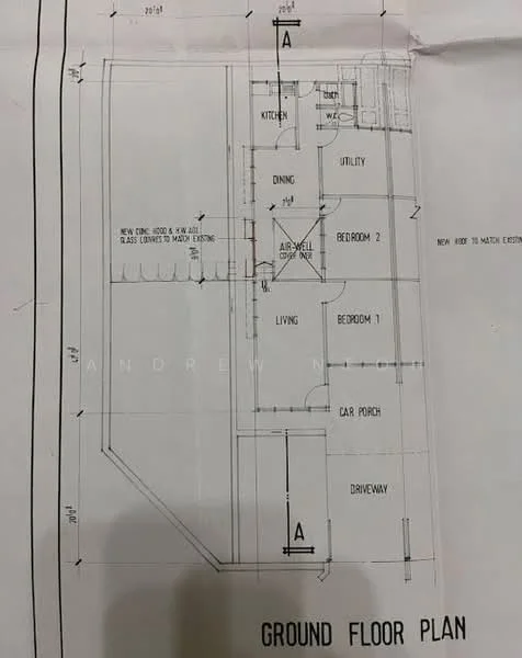 Floor plan: 3-bedroom 2-bathroom unit; features: open-plan kitchen-dining-living, utility room, car porch, driveway, air well, bedroom 1 with window, bedroom 2 with window, bedroom 3 with window.