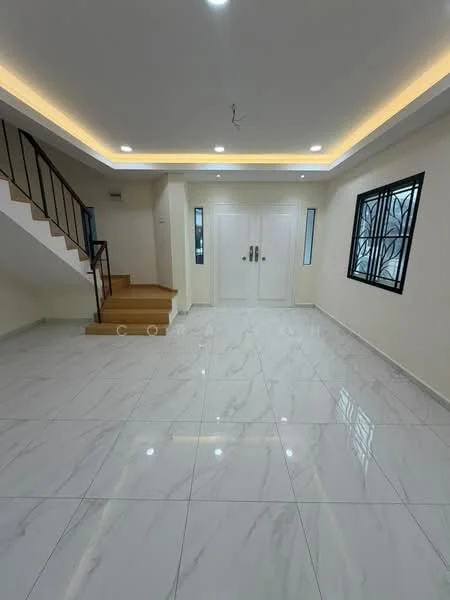 Room features: white painted walls, marble tile flooring, recessed downlights, staircase with wooden steps, double front doors, large windows with black frames, ceiling with LED strip lighting, open layout; style: modern.