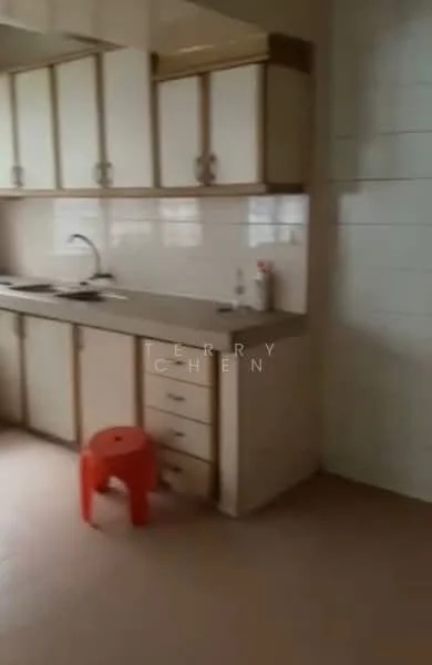 Kitchen features: laminate countertop, white shaker cabinets, stainless-steel sink, chrome pull-down faucet, built-in cabinets, tile backsplash, stool, floor tiles.