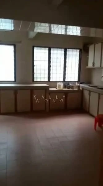 Kitchen features: white cabinets, laminate countertops, double-bowl stainless-steel sink, chrome pull-down faucet, ceramic tile flooring, window with sheer curtains, built-in cabinetry, kitchen island, wall-mounted cabinets.