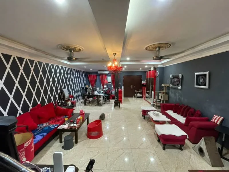 Living features: red fabric sofas, 3-seater sofa, 2-seater sofa, coffee table, chandelier, 5-blade ceiling fans, cream tiled flooring, black accent wall, white painted crown moulding, red curtains, decorative wall with diamond pattern, wall-mounted TV, area rug, decorative cushions; style: contemporary.