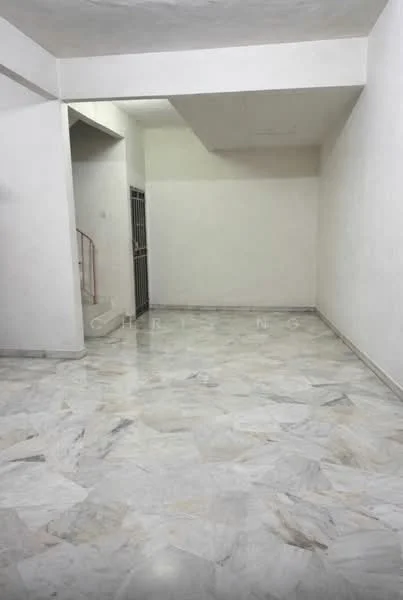 Room features: white painted walls, marble flooring, ceiling with no visible features, open space layout, no visible windows or doors, neutral color scheme, no visible furniture or decor; style: minimalist.