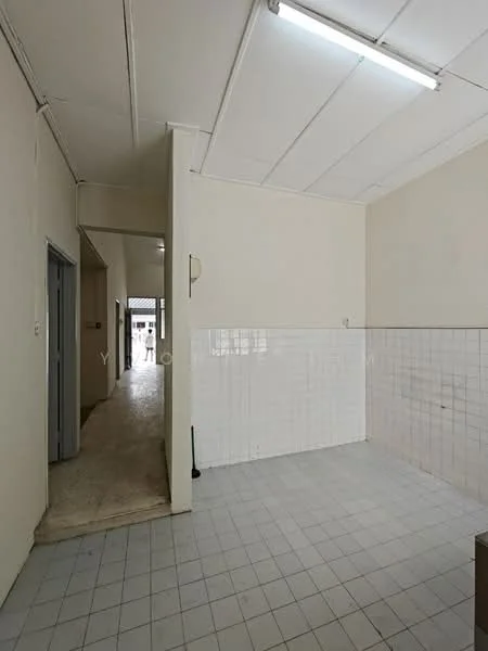 Room features: white painted walls, tile flooring, fluorescent ceiling lights, open layout, wall tiles, neutral color scheme, doorway leading to another room, window opening, no visible furniture; style: minimalist.