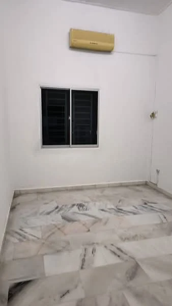 Room features: white painted walls, marble flooring, 1 wall-mounted split AC, black framed window, window with grilles, light fixture on wall.