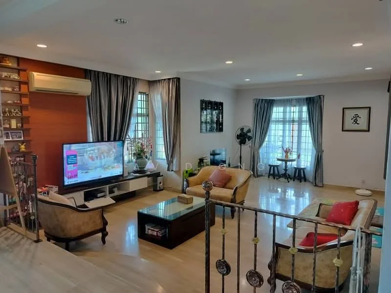 Living features: wooden flooring, white painted walls, recessed downlights, 5-blade ceiling fan, wall-mounted TV, TV console, coffee table, 2-seater fabric sofa in beige, 3-seater fabric sofa in grey, decorative wall shelves, curtains, floor-to-ceiling windows, area rug; style: modern.
