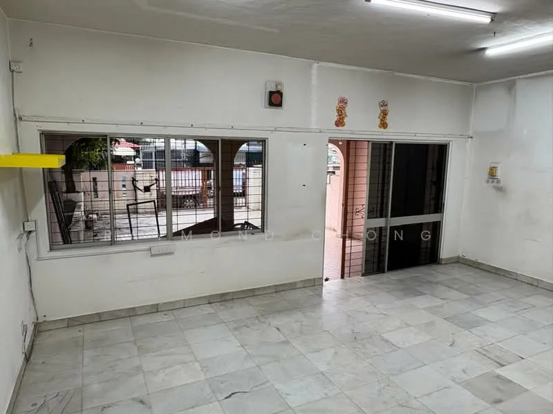 Room features: white painted walls, marble tile flooring, sliding glass door, floor-to-ceiling windows, ceiling lights, window with security bars, open shelving, wall-mounted electrical outlets.