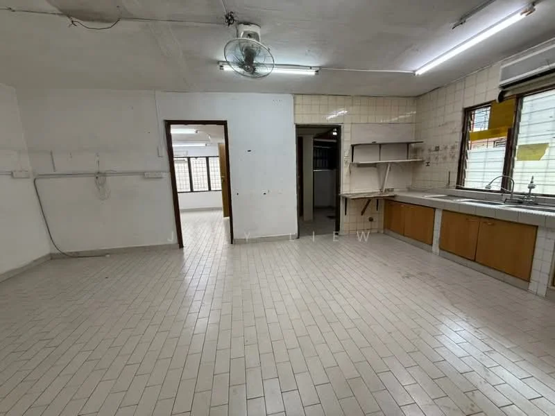 Kitchen features: white tiled walls, cream tiled backsplash, laminate cabinetry, single-bowl stainless-steel sink, chrome pull-down faucet, countertop with laminate finish, exposed ceiling with fluorescent lighting, wall-mounted air conditioning unit, ceramic tile flooring, window with grid pattern, open layout, multiple power outlets.