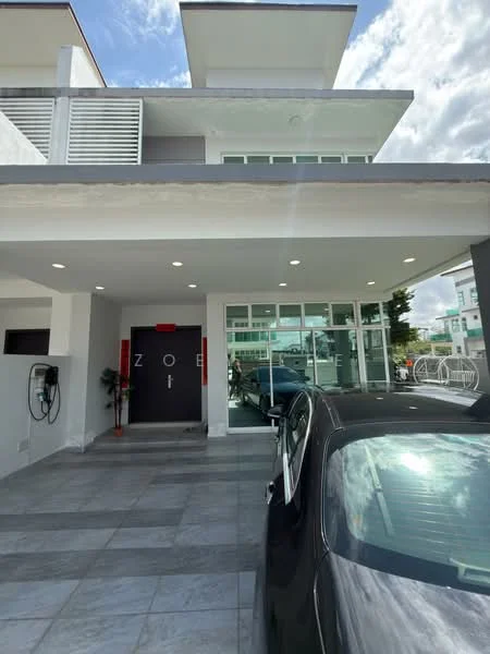 Exterior features: white painted facade, flat roof, large glass windows, main entrance with double doors, stone-paved walkway, car parking area, electric vehicle charging station, manicured landscaping, outdoor seating area, modern architectural design; style: modern.